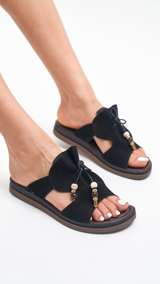 Mules Plates Suede pour Femme à Brides et Perles Style Bohème